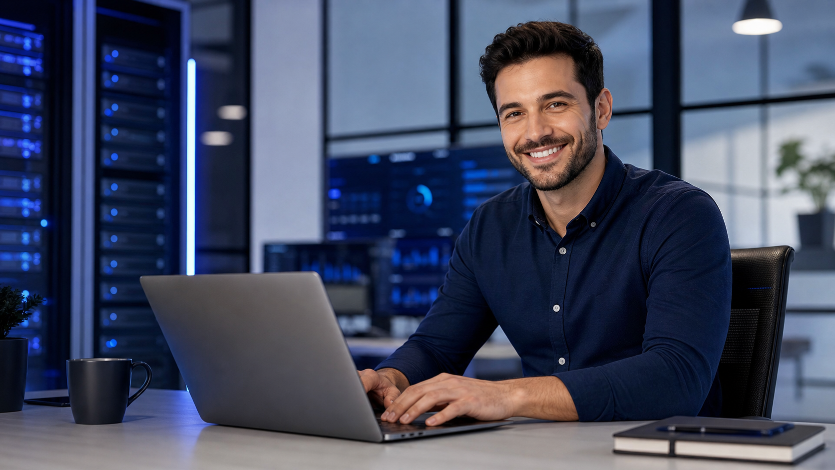 Homem trabalhando no computador com painel de hospedagem